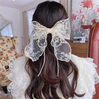 Girls' Floral Embroidered Mesh Bowknot Hair Pin  Beige