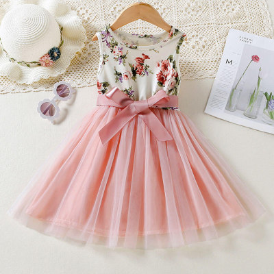 Hibobi Girl Baby Floral & Bow Knot Decor mesh Sleeveless Dress