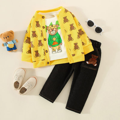 Toddler Animal Printed T-shirt & Bear Pattern Jacket & Pants