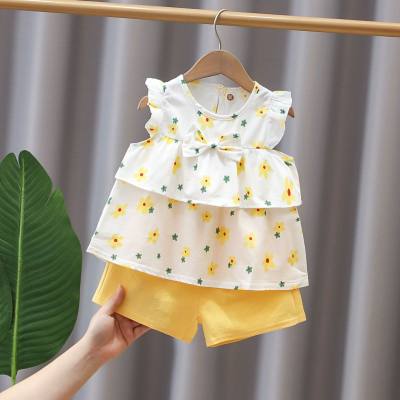 Summer new arrivals, cute street-printed flower bowtie vest shorts suit for small and medium-sized children, cute girls summer suit