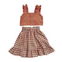 Girls suit suspenders short top plus plaid skirt 24 summer new foreign trade children's clothing for 3-8 years old  Orange