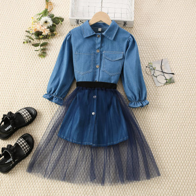 Kids Girls  Autumn Denim  shirt dress &mesh skirt Two Piece Set