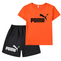 Novedad de verano, traje informal estampado para niños, camiseta de manga corta y pantalones cortos  naranja