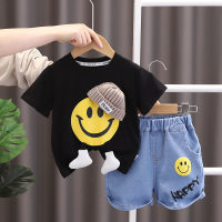 2023 new summer children's clothing boys' short-sleeved shorts suit baby fashionable hooded smiling face children's clothing jeans  Black