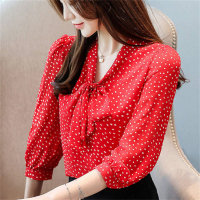 Thin bow tie new three-quarter sleeve shirt covers the belly to make fat girls look thin and fat polka dot top  Red
