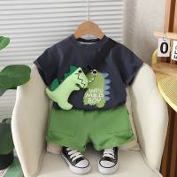 2024 nouvel été vêtements pour enfants de style coréen petit sac grenouille à manches courtes deux pièces vêtements d'été costume pour enfants au nom de  Noir