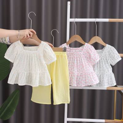New summer style for small and medium children, comfortable and fashionable, full-printed small flower square collar short-sleeved suit, fashionable girls summer suit