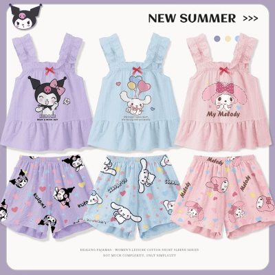 Girls vest suspenders bow pajamas little girl print princess children summer thin sleeveless home clothes set