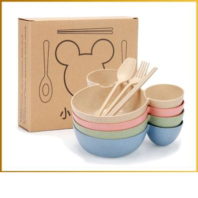 Kindergarten baby food supplement compartment plate wheat straw children's tableware four-piece set promotional gift can be printed with logo