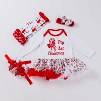 4-piece Baby Girl Christmas Letter Printed Floral Patchwork Long Sleeve Tutu Dress & Bownot Decor Shoes & Deer Pattern Leg Warmer & Headwrap  Red