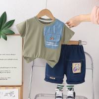 New handsome children's short-sleeved two-piece suits boys summer clothes stylish suits summer children's denim shorts clothes  Green