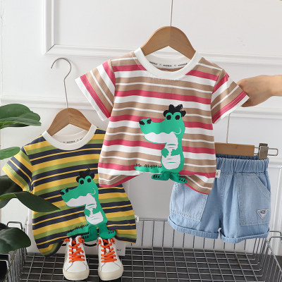 Infants and young children cartoon cute printed striped T-shirt children's suit two-piece wholesale boys summer clothing new short-sleeved