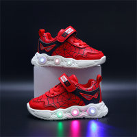 New children's cartoon sports shoes with lights in spring and autumn, leather spider web LED luminous children's shoes for 1-6 years old boys  Red