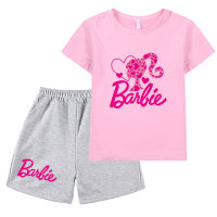 Barbie The Movie Barbie Heart Print Cartoon Short-sleeved T-shirt + Shorts Set for Middle and Large Boys and Girls  Pink