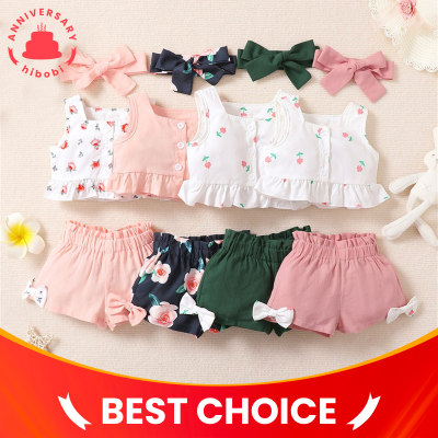 Baby Girl 3 pezzi floreale con bottoni sul davanti e pantaloncini con fiocco in tinta unita con fascia