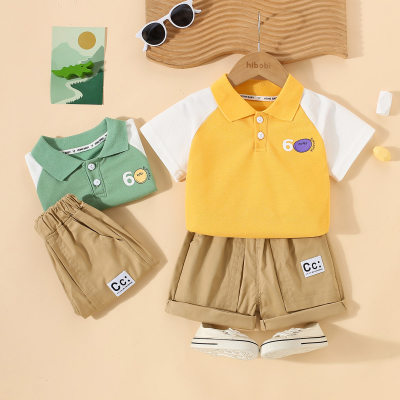 2-piece Toddler Boy Pure Cotton Color-block Patchwork Short Sleeve Polo Shirt & Matching Shorts