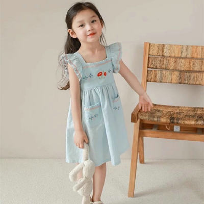 Girls skirt embroidered double pocket dress princess skirt 2024 summer new style foreign trade children's clothing drop shipping 3-8 years old