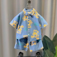 Traje de camisa de manga corta de mezclilla de verano para niños 2023, nuevo conjunto de dos piezas para niños, ropa para niños, ropa moderna y atractiva para niños  Azul