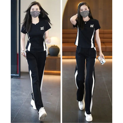 2PCS Casual Sports Suit Temperament Fashionable and Western Style Age-reducing Short-sleeved Wide-leg Pants Two-piece Set