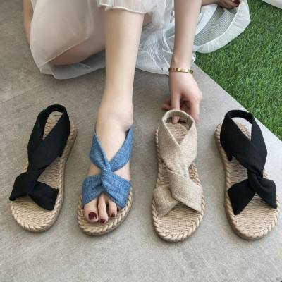 Sandales plates romaines en lin et paille pour femmes, nouveau style d'été, vêtements d'extérieur, chaussures croisées élastiques
