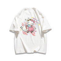 Camiseta de manga corta con estampado de gato de dibujos animados, top de dibujos animados lindo y versátil  Blanco