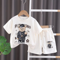 Boys summer suit 2024 new baby handsome waffle clothes fashionable children summer short-sleeved cartoon trend  White