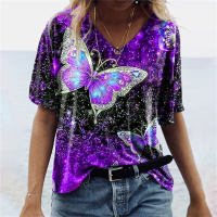 Camiseta con estampado de mariposas de manga corta para mujer  Púrpura