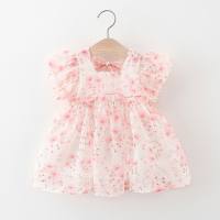 New summer girls' small fresh floral back hollow chiffon short-sleeved dress  Pink