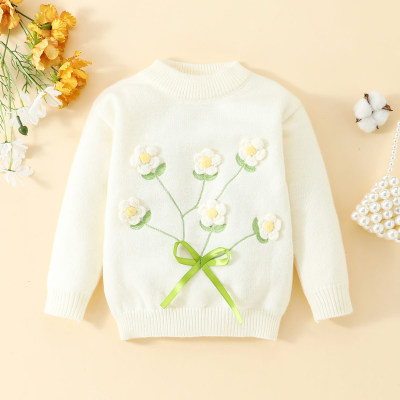 Toddler Girl 3D Floral Bowknot Decor Knitted Sweater