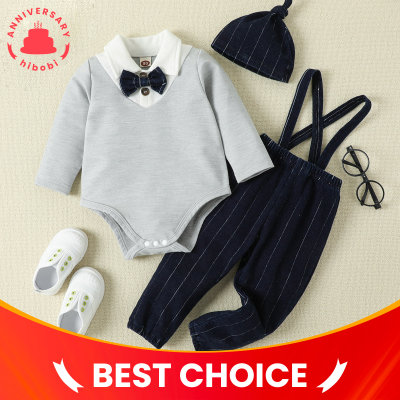 Baby Bowknot Decor Patchwork Polo Romper & Detachable Tie & Vertical Stripes Dungarees With Hat