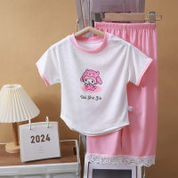 Children's summer ice silk home clothes suit baby short-sleeved trousers two-piece suit small and medium children's air-conditioning clothes  Pink