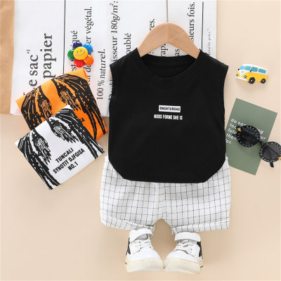 Toddler Boy Letter Print Wing Pattern Sleeveless Top & Plaid Shorts