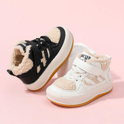 Toddler Plush Patchwork Non-slip Fleece-lined High-top Velcro Sneakers
