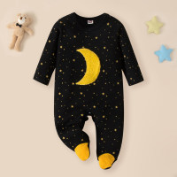 Baby Allover Printing Moon and Star Pattern Footed Long-sleeved Long-leg Romper  Black