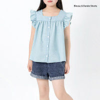 2piece Kid Girl Pure Cotton Solid Color Sleeveless Blouse Denim Shorts  Light Blue