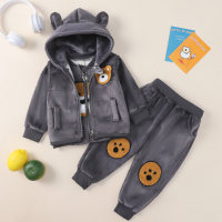 3-piece Toddler Boy Solid Color Bear Appliqué Top & Hooded Zip-up Jacket & Matching Pants  Gray