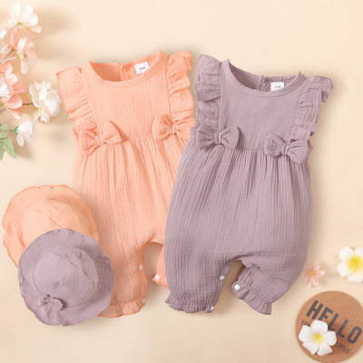 2-piece Baby Girl Pure Cotton Solid Color Bowknot Decor Sleeveless Boxer Romper & Matching Hat