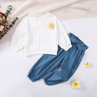 Camiseta floral infantil manga longa e calça cor sólida