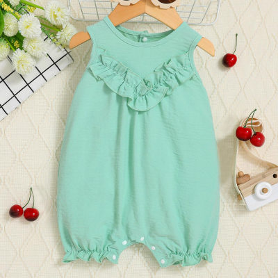Baby Girl Solid Color Ruffle Decor Sleeveless Boxer Romper