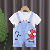 Boys and girls summer short-sleeved suits new baby stylish bear fish overalls boys and girls baby summer two-piece suit  Blue