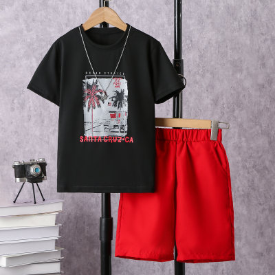 2-piece Kid Boy Coconut Tree Printed Short Sleeve T-shirt & Solid Color Shorts