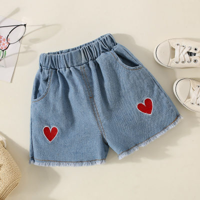 Shorts in denim con motivo a cuore in puro cotone per bambina
