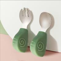 Infant silicone fork spoon baby eating silicone short handle stainless steel curved spoon feeding spoon tableware  Multicolor
