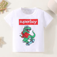 Toddler Boy Pure Cotton Letter and Dinosaur Printed Short Sleeve T-shirt  White
