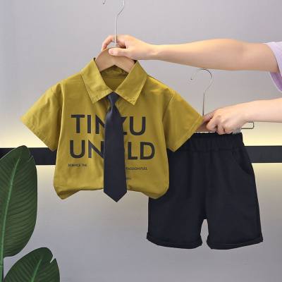 New summer style comfortable and fashionable small and medium-sized children's letter tie shirt suit trendy boy summer suit