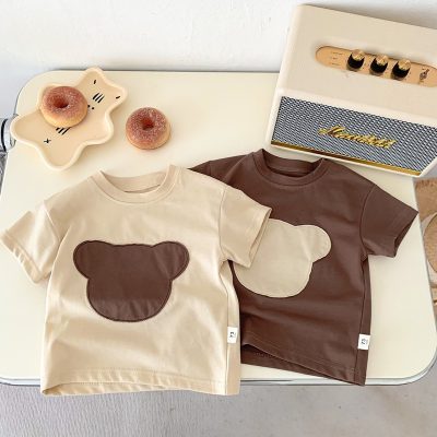 Camiseta de manga corta para bebé, oso de dibujos animados para niños de verano, parte superior de media manga, sección delgada, camisa de fondo para niños y niñas, versión coreana