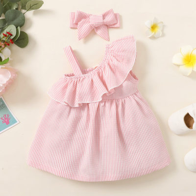 Girls Spring and Autumn 2022 New Korean Style Hot Style Children's Striped Off-Shoulder Princess Dress + Headwear