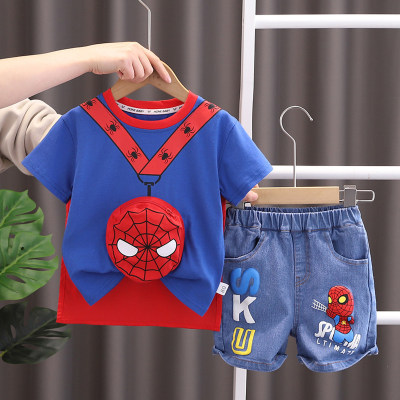 Roupas de verão para crianças, bolsa com zíper do Homem-Aranha para meninos, terno de manga curta, conjunto casual de duas peças para bebê bonito atacado