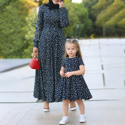 Elegant Wave Point Print Long Sleeve Dress for Mom and Me