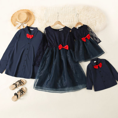 Family Clothing Solid Color Bowknot Decor Dress & Shirt